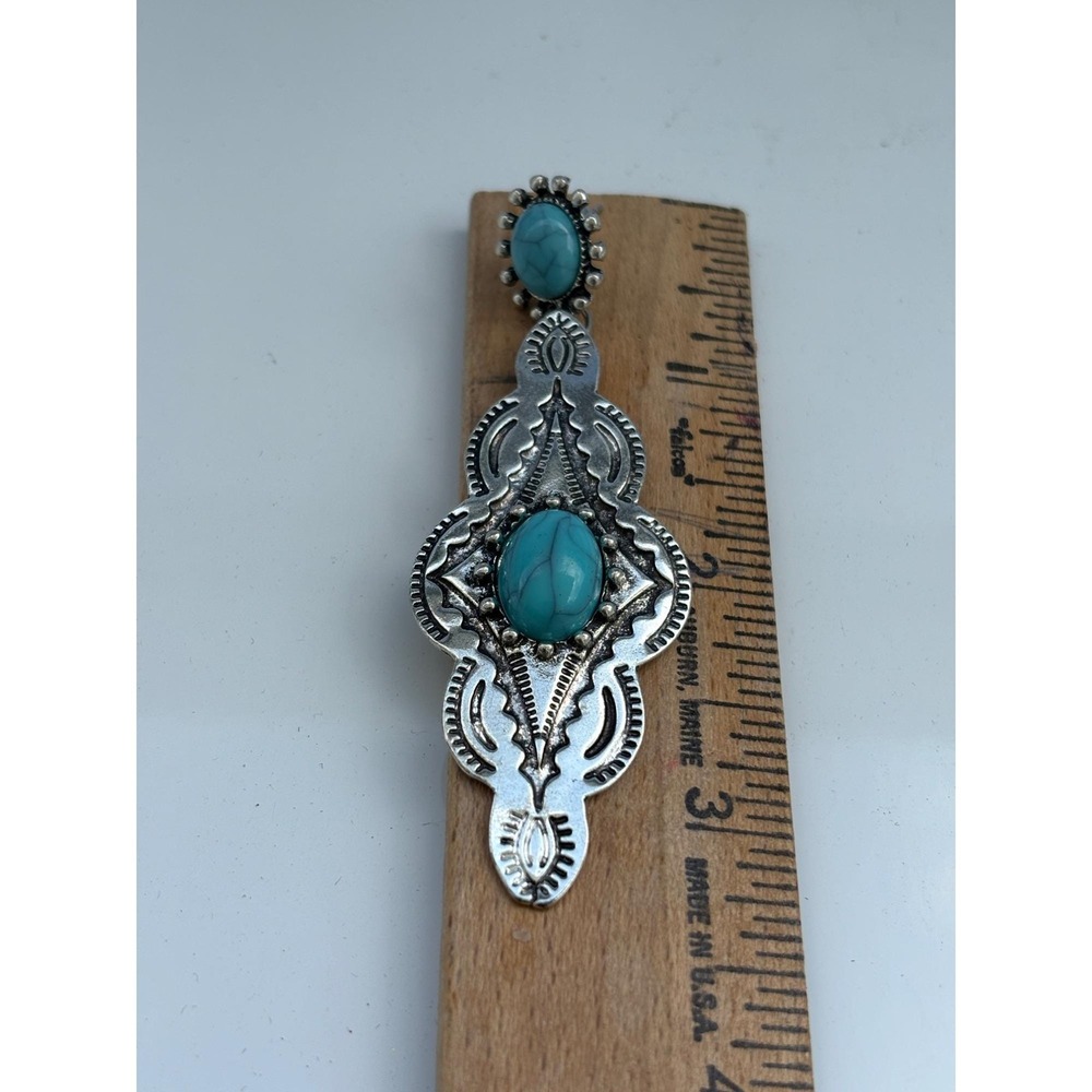Western SilverTone Dangle Earrings With Turquoise Style Stones - Picture 4 of 4